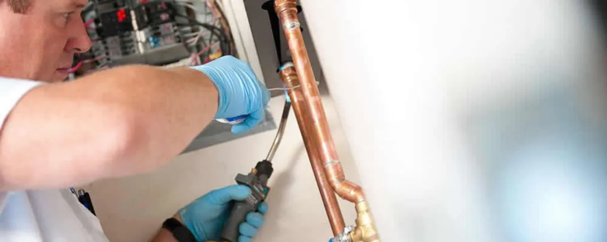 Water heater repair technician testing copper pipe connections and controls in Albany, NY